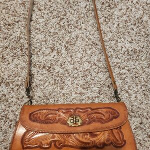 Vintage Tooled Leather Crossbody Bag with Turn-Lock